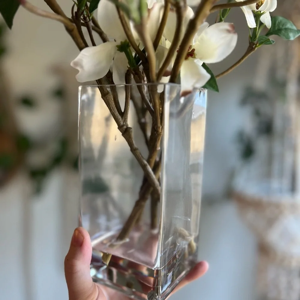 Faux Dogwood Flower Arrangement | White Silk Flowers in Glass Vase Home Decor